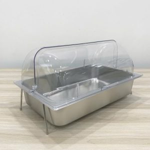 Kệ khay inox đựng đồ ăn có nắp đậy bằng nhựa trong suốt