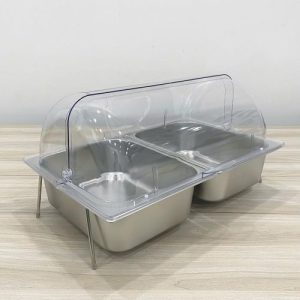 Kệ khay inox 2 ngăn đựng đồ ăn có nắp đậy bằng nhựa