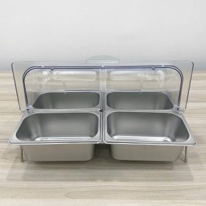 Kệ khay inox 4 ngăn trưng bày đồ ăn có nắp đậy bằng nhựa