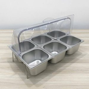 Kệ inox 6 ngăn trưng bày topping có nắp đậy trong suốt